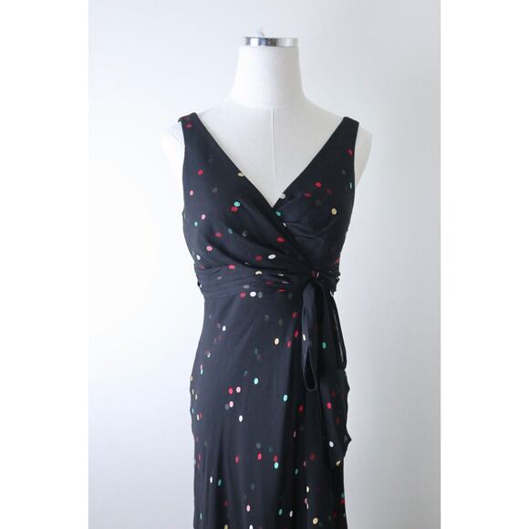 Vintage 1990s Anne Klein Size 4 Silk Dotted Faux Wrap Midi Dress Black Chiffon - Picture 3 of 12
